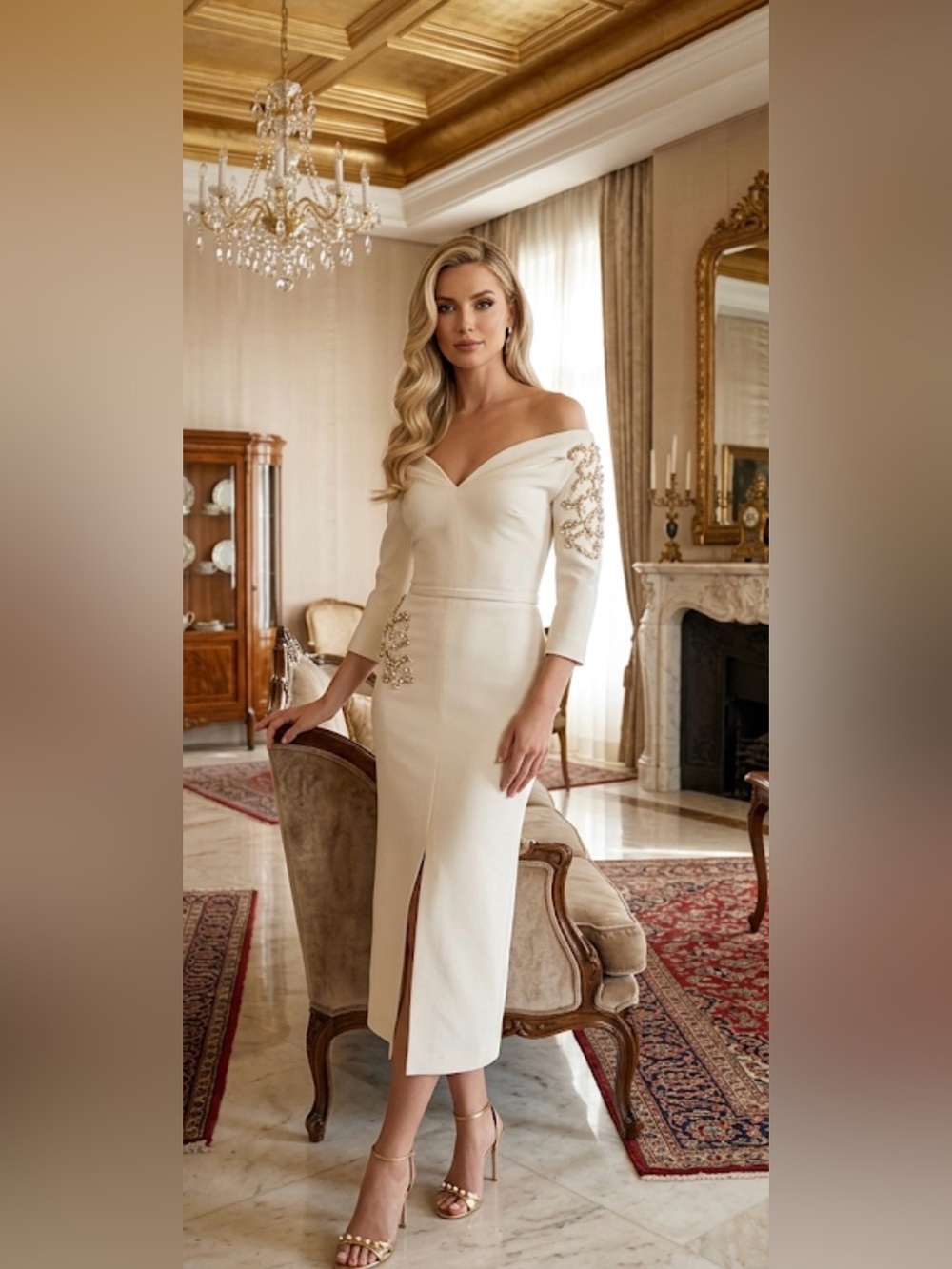 Off-Shoulder Cream Embellished One-Shoulder Midi Dress